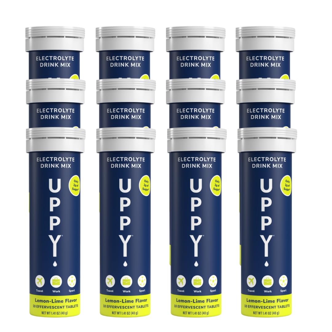 Uppy! lemon-lime electrolyte tablets packaging for 120-count, ideal for travel hydration