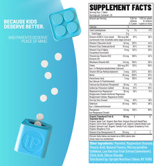 Label highlights 17 vitamins and minerals in Upright Nutrition Children's Multivitamin.