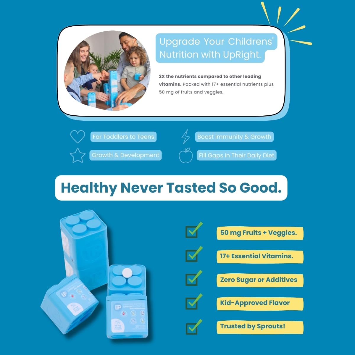 Playful building-block container from Upright Nutrition Children's Multivitamin.
