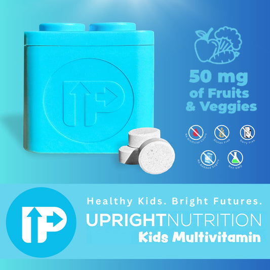 Upright Nutrition Children's Multivitamin chewables in fruit-punch flavor for daily use.