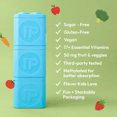 Zero sugar label on Upright Nutrition Children's Multivitamin packaging highlights sugar-free option.