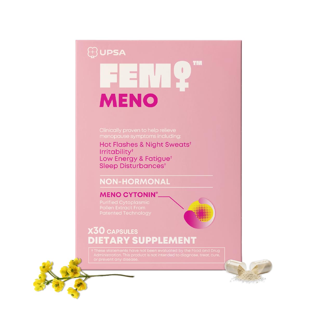 Upsa FEM Meno bottle front view shows compact daily packaging for easy use