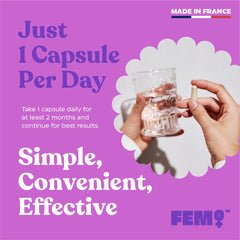Upsa FEM Perimeno bottle beside a glass of water.