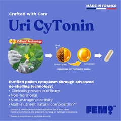 Upsa FEM Urovital uri-cyt-tonin extract depiction indicating patented pollen-based support.