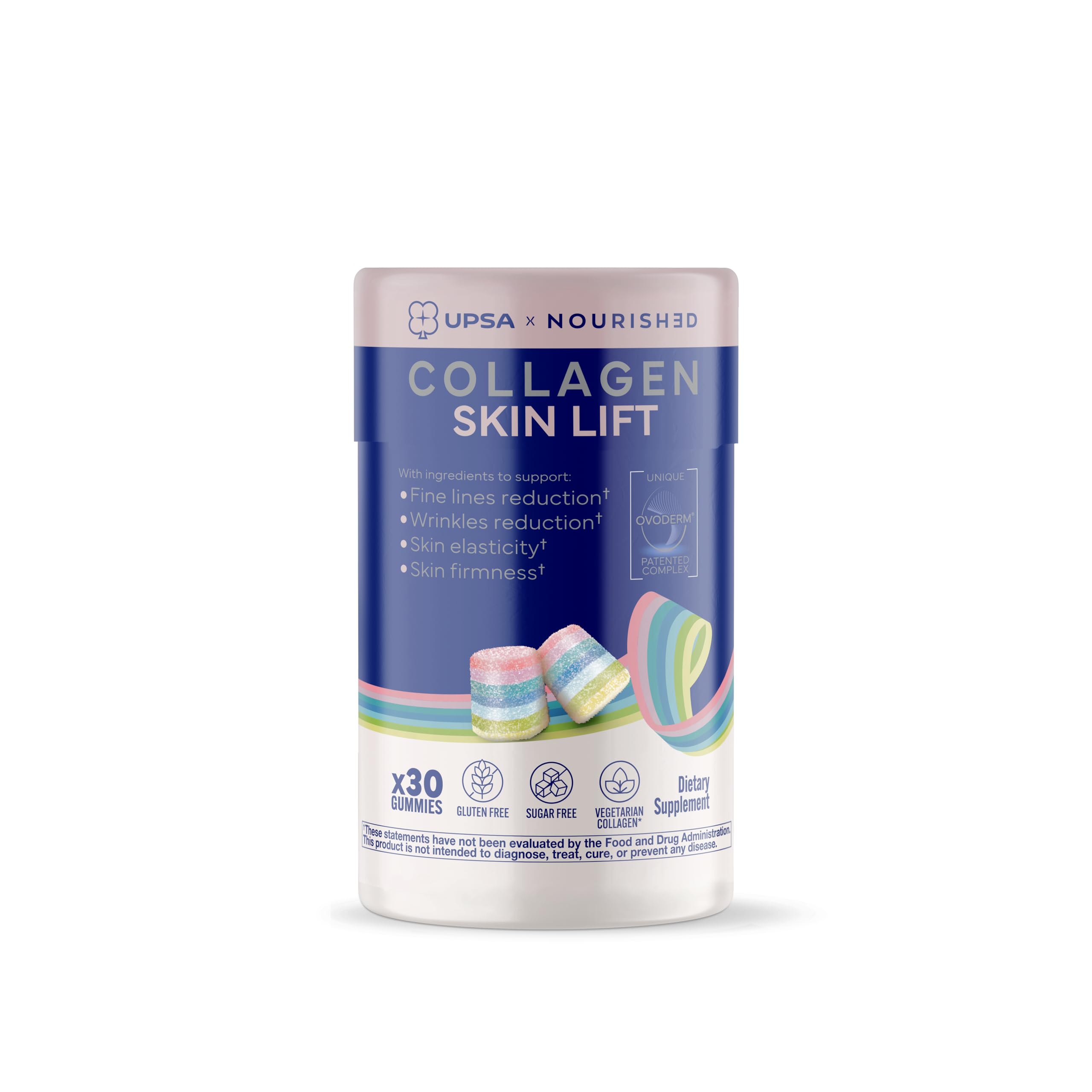 Upsa Nourished Collagen bottle with capsules for daily skin support.