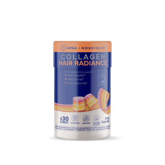 Upsa Nourished Collagen Hair Health bottle with sugar-free capsules for hair wellness.