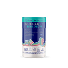 Upsa Nourished Collagen Skin Glow bottle shows a vitamin-rich blend for supporting elastic skin.