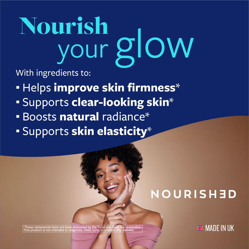 Upsa Nourished Collagen Skin Glow capsules closeup highlights a sugar-free vegetarian formula.