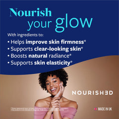 Upsa Nourished Collagen Skin Glow capsules closeup highlights a sugar-free vegetarian formula.