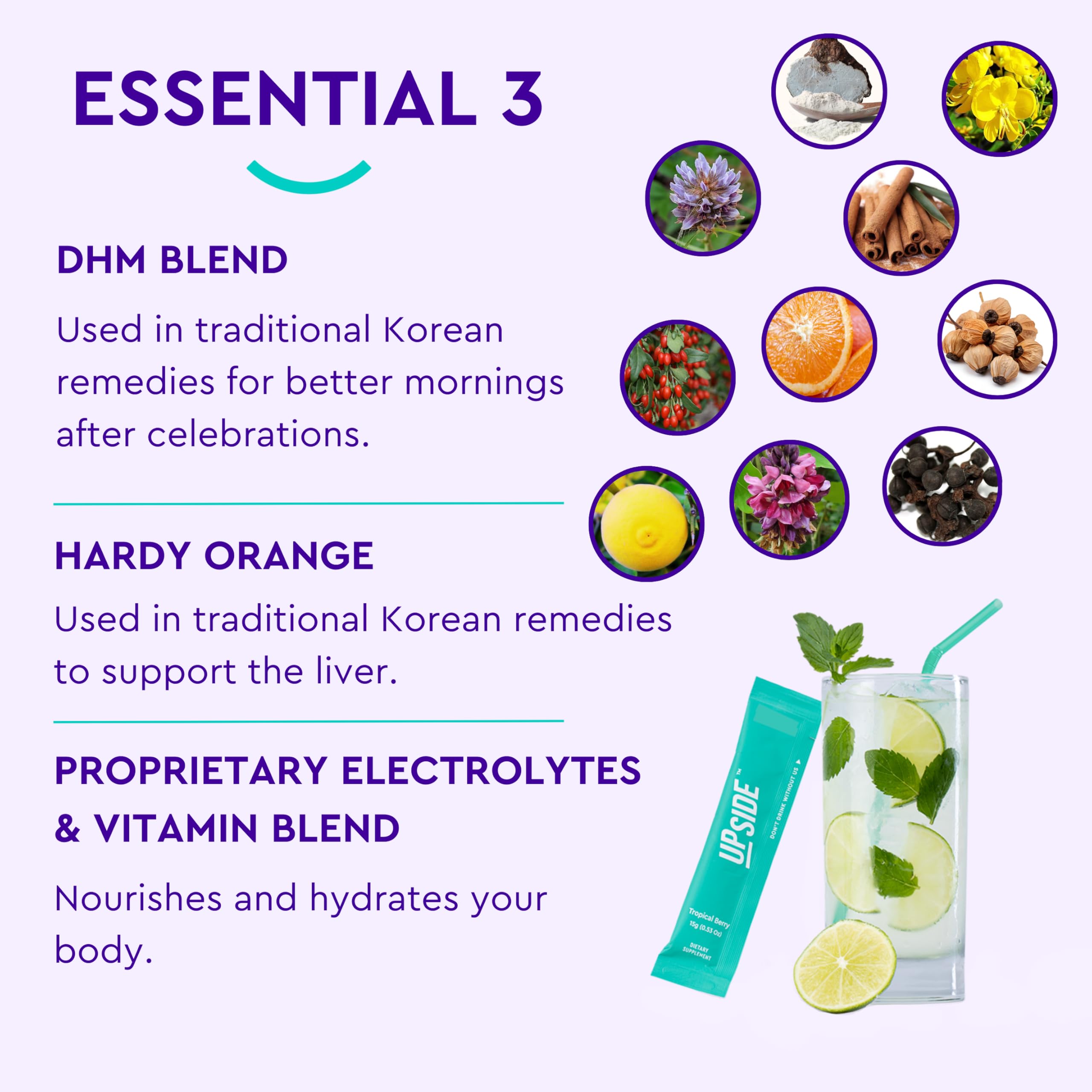UPSIDE dhm-electrolytes blend bottle demonstrates hydration support after parties