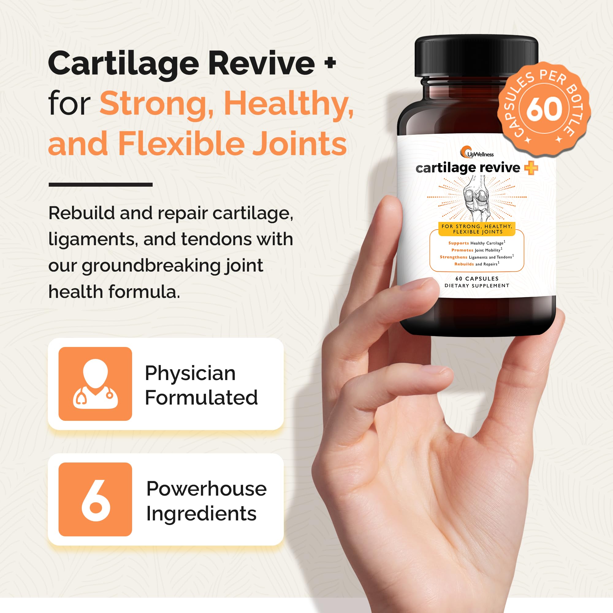 UpWellness Cartilage Revive ingredients panel highlights D-Glucosamine and collagen.