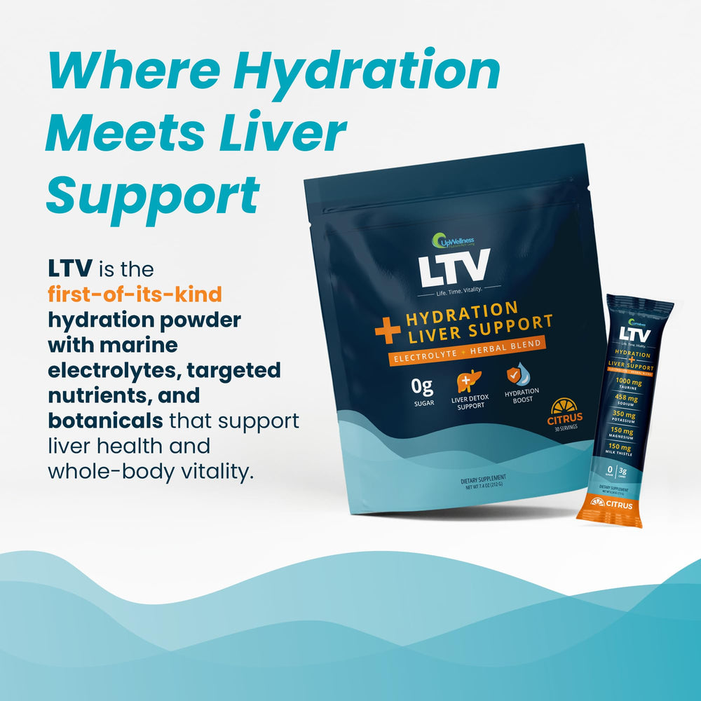 UpWellness LTV bottle close-up highlights sleek packaging for daily hydration.