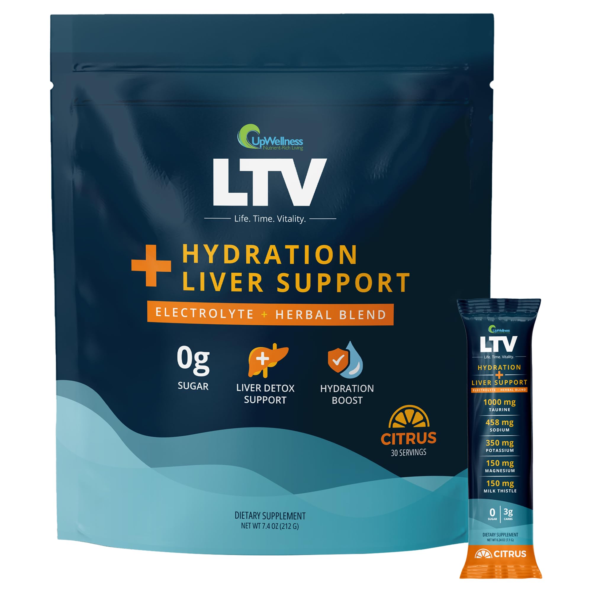 UpWellness LTV liver hydration packets pour into a glass for quick hydration.