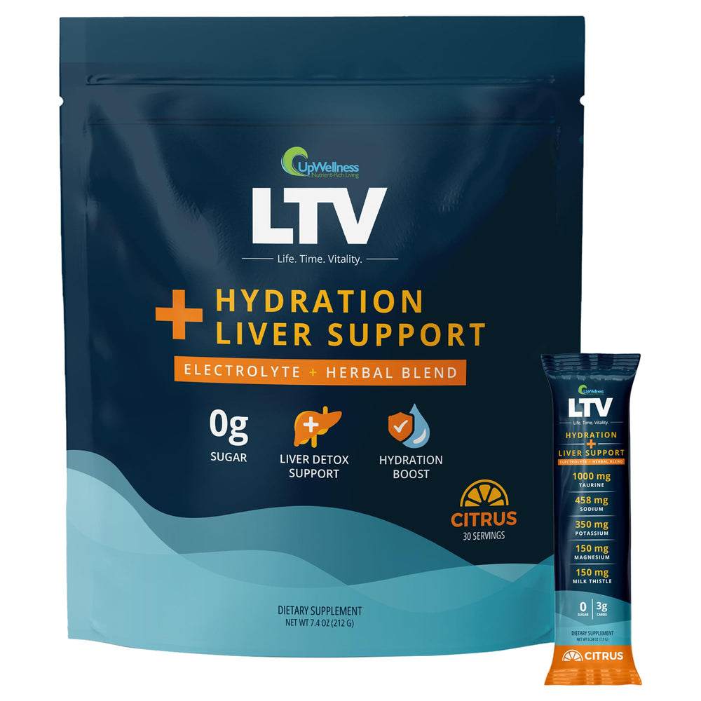 UpWellness LTV liver hydration packets pour into a glass for quick hydration.