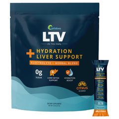 UpWellness LTV liver hydration packets pour into a glass for quick hydration.