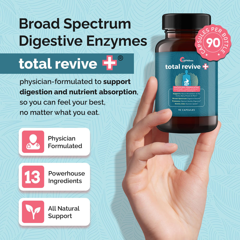 Close-up UpWellness Total Revive+ label with enzymes and adaptogens
