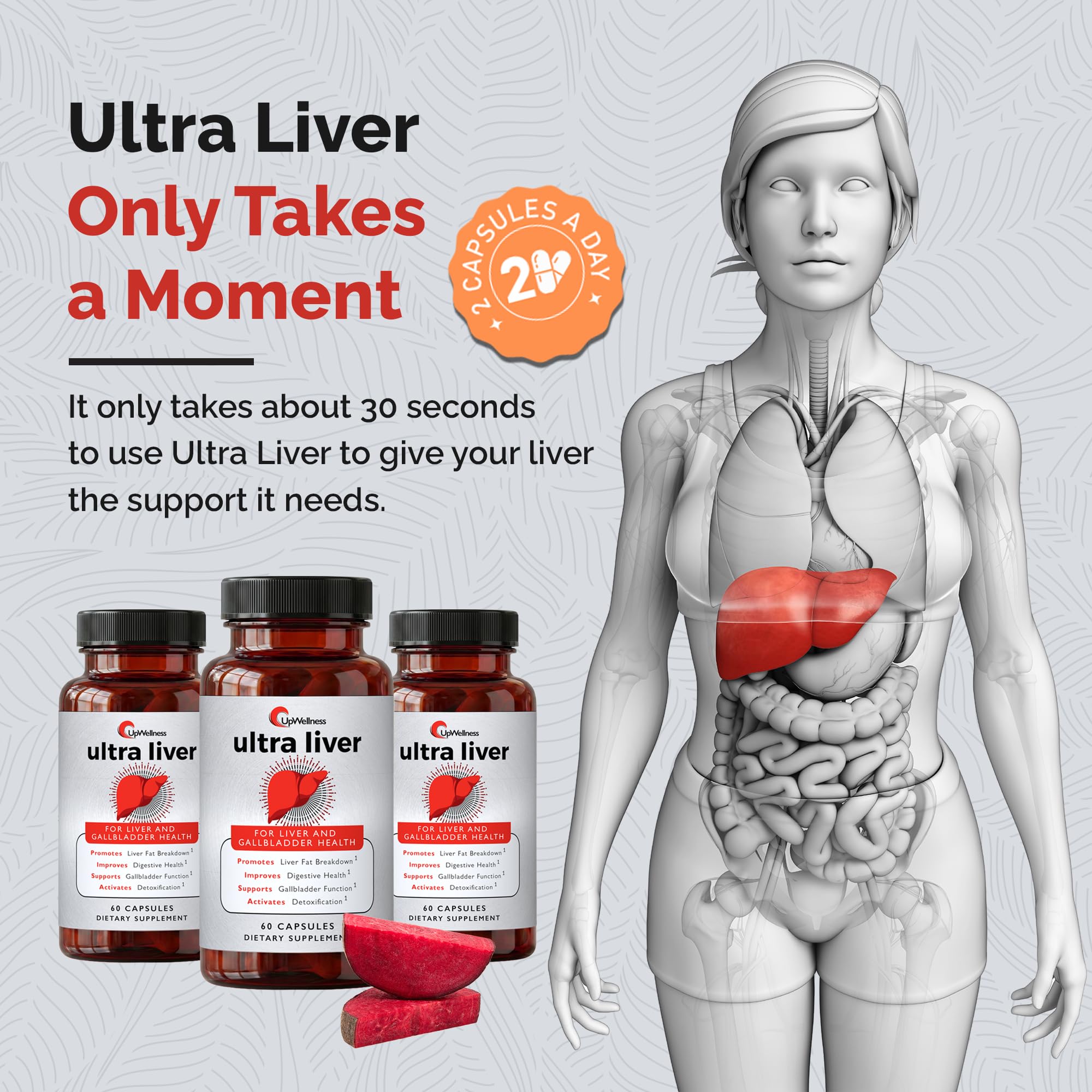Label closeup on Ultra Liver bottle highlighting 60 capsules.