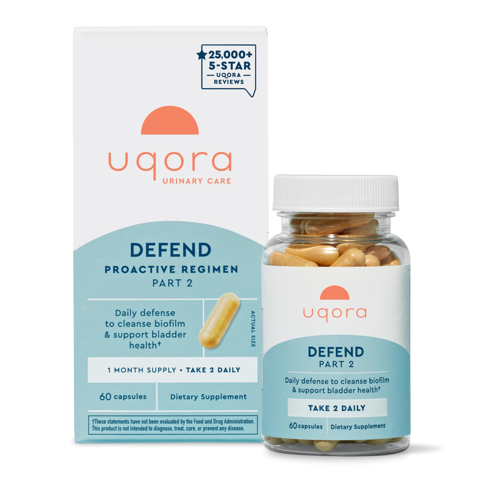 Uqora Defend bottle cap close-up, emphasizing branding and simple daily supplementation ritual.