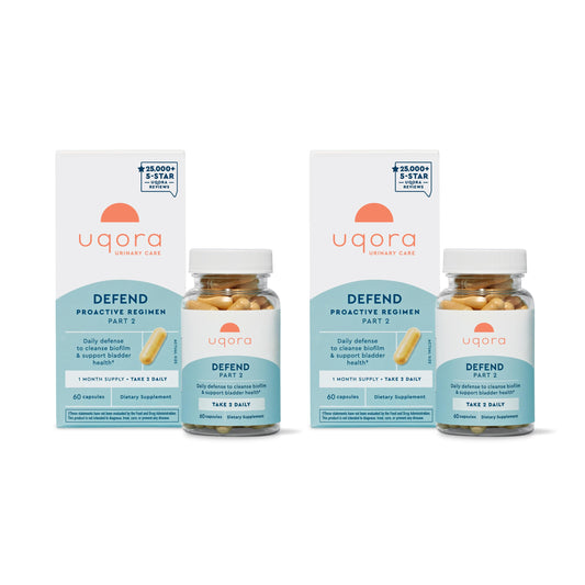 Uqora Defend bottle side view demonstrates sleek packaging for daily urinary health support.