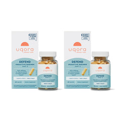 Uqora Defend bottle side view demonstrates sleek packaging for daily urinary health support.