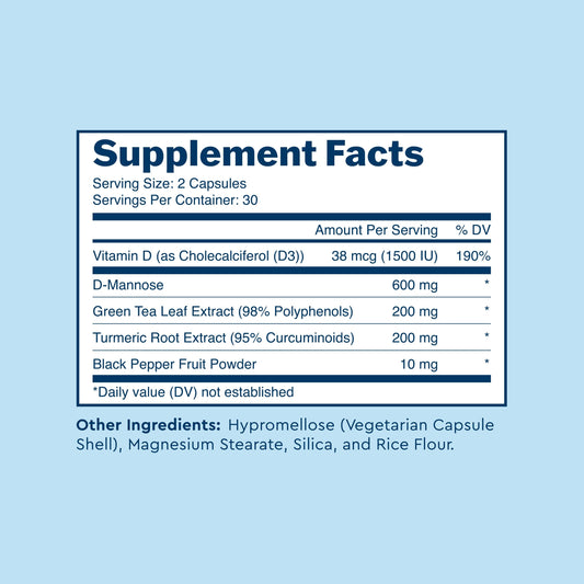 Uqora Defend ingredient label featuring D-Mannose for potential urinary health support.