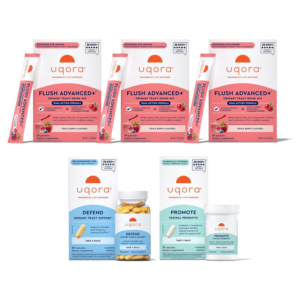 Uqora Flush Advanced+ drink mix bottle ready for mixing to support urinary health.