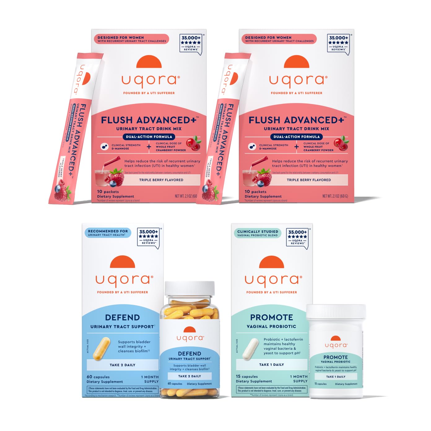 Uqora Flush Advanced+ drink mix in glass highlights cranberry formula for urinary wellness.