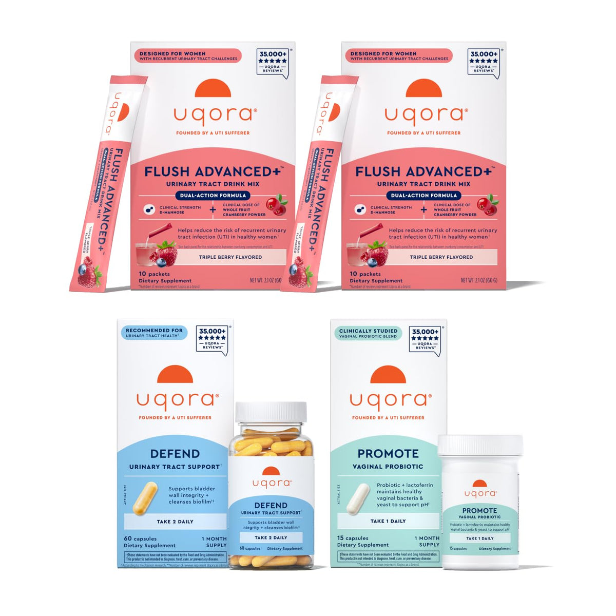 Uqora Flush Advanced+ drink mix in glass highlights cranberry formula for urinary wellness.