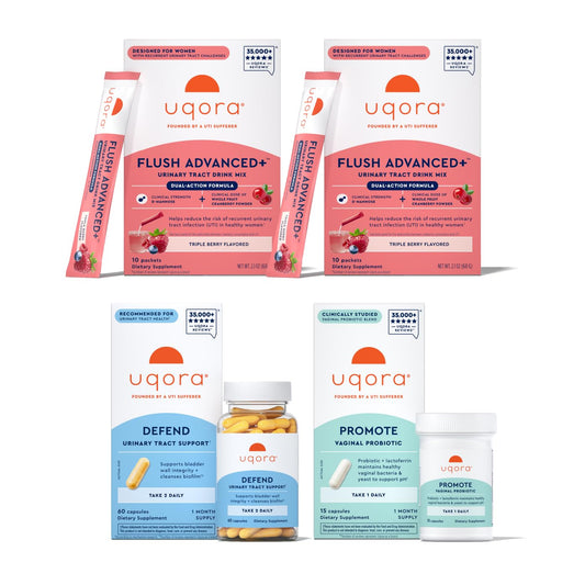 Uqora Flush Advanced+ drink mix in glass highlights cranberry formula for urinary wellness.