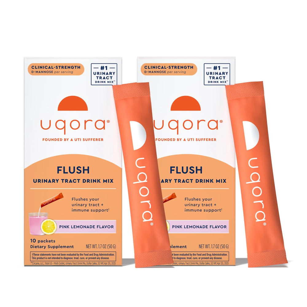 Uqora Flush pink lemonade packets support urinary health on the go