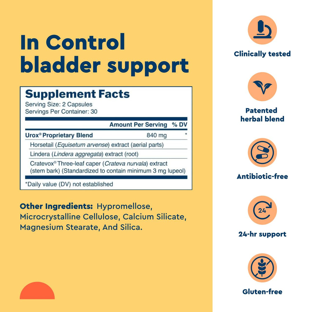 Uqora In Control capsules close-up with natural herbal formula.