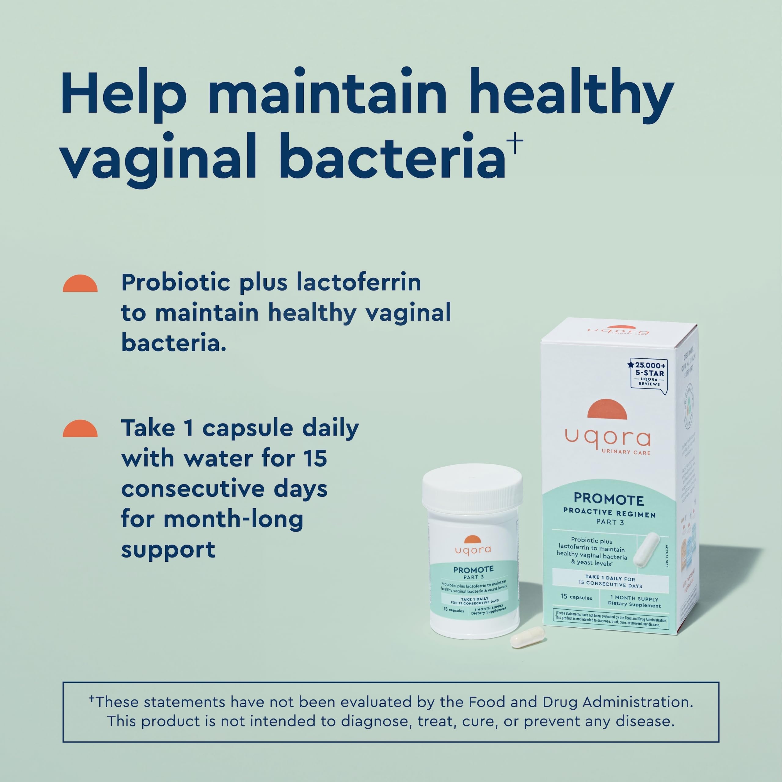 Uqora Promote capsules close-up emphasizing vaginal microbiome balance.