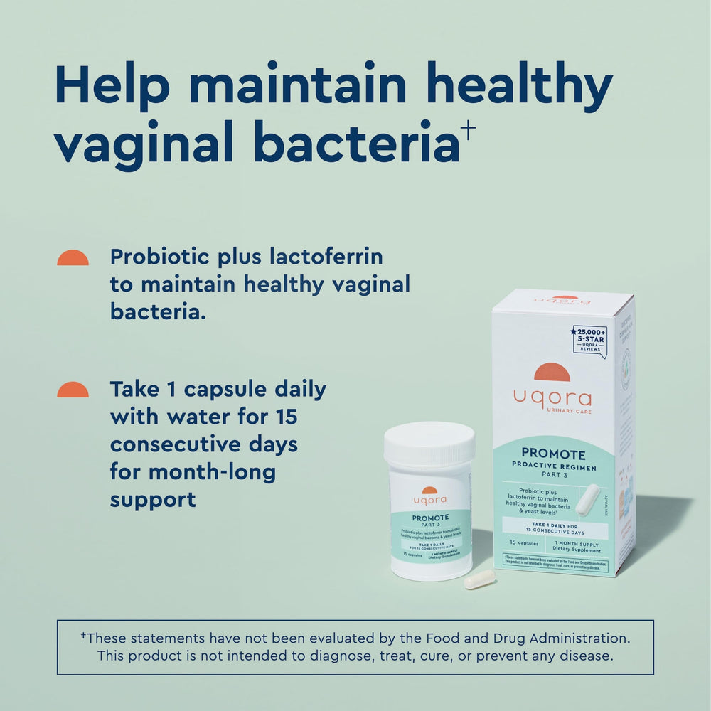 Uqora Promote capsules close-up emphasizing vaginal microbiome balance.