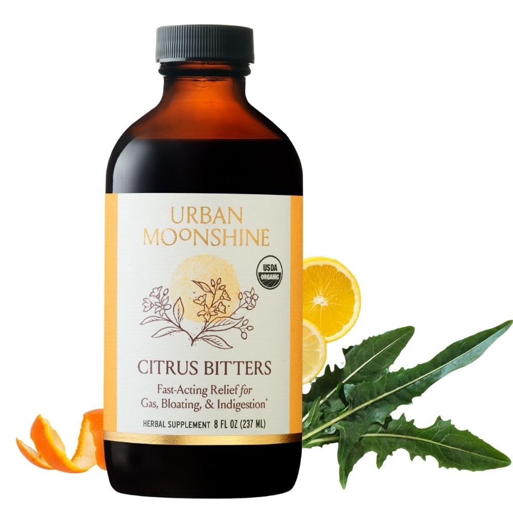 Urban Moonshine Citrus Digestive Bitters bottle highlighting organic, gut-supporting herbs.