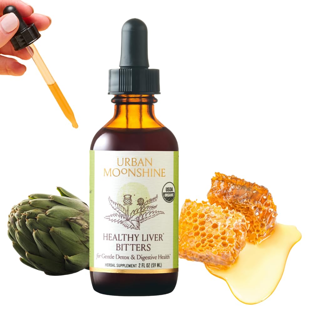 Urban Moonshine Healthy Liver Bitters bottle on countertop aiding gentle detox