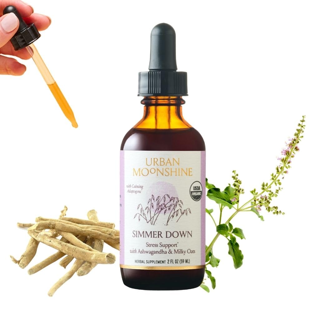 Urban Moonshine Simmer Down Tonic bottle demonstrates a calming adaptogenic blend for daily balance