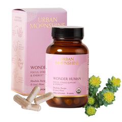 Urban Moonshine Wonder Human bottle highlights focus-support capsules for daily mental clarity.