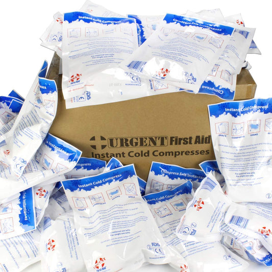 Urgent First Aid case of 50 instant cold packs for quick readiness