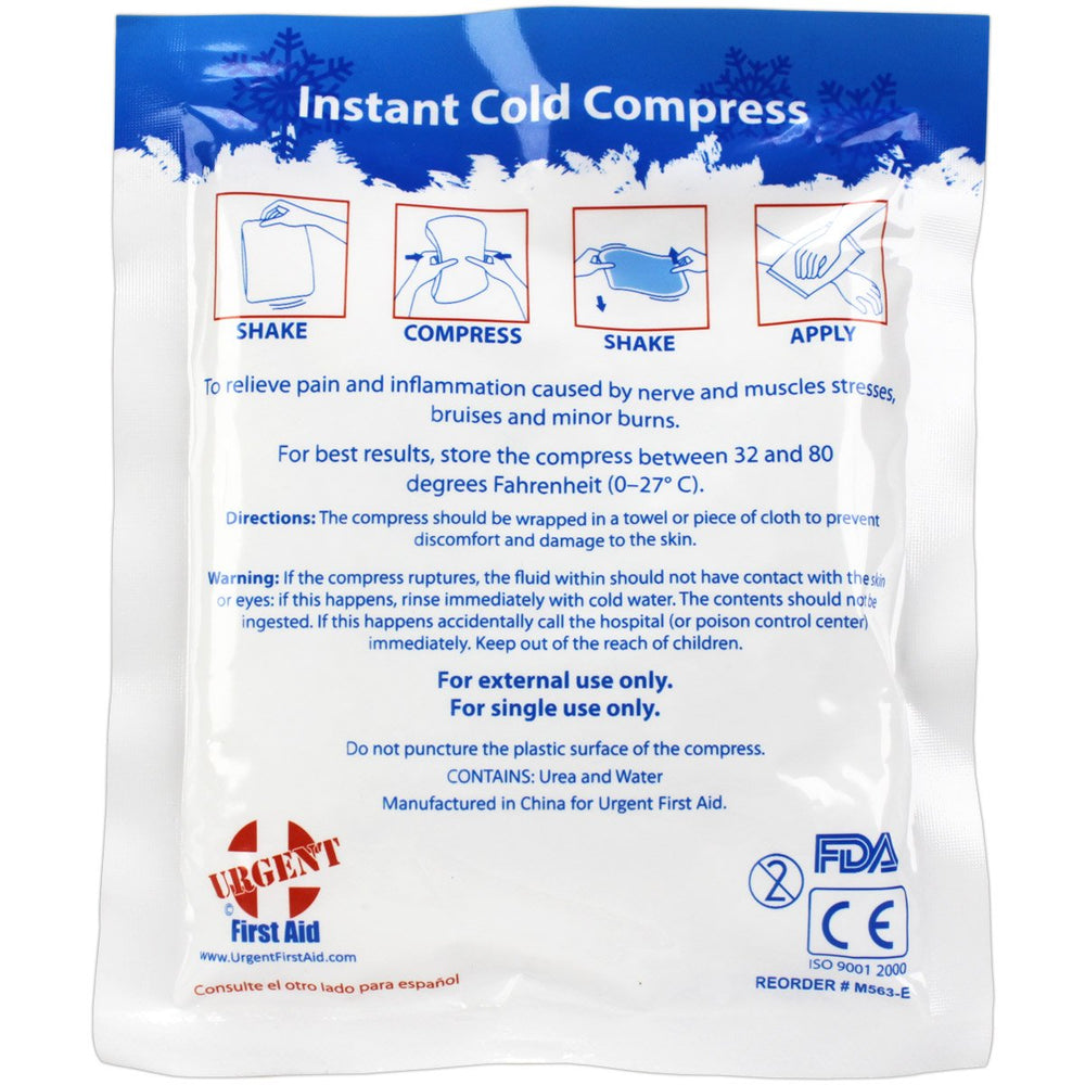 Urgent First Aid disposable cold compresses with no freezer required for fast relief.