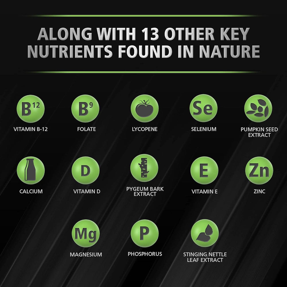 Urinozinc Plus bottle with overview of prostate health benefits.