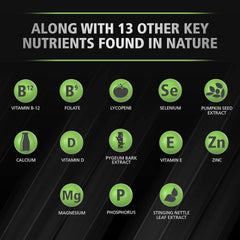 Urinozinc Plus bottle with overview of prostate health benefits.