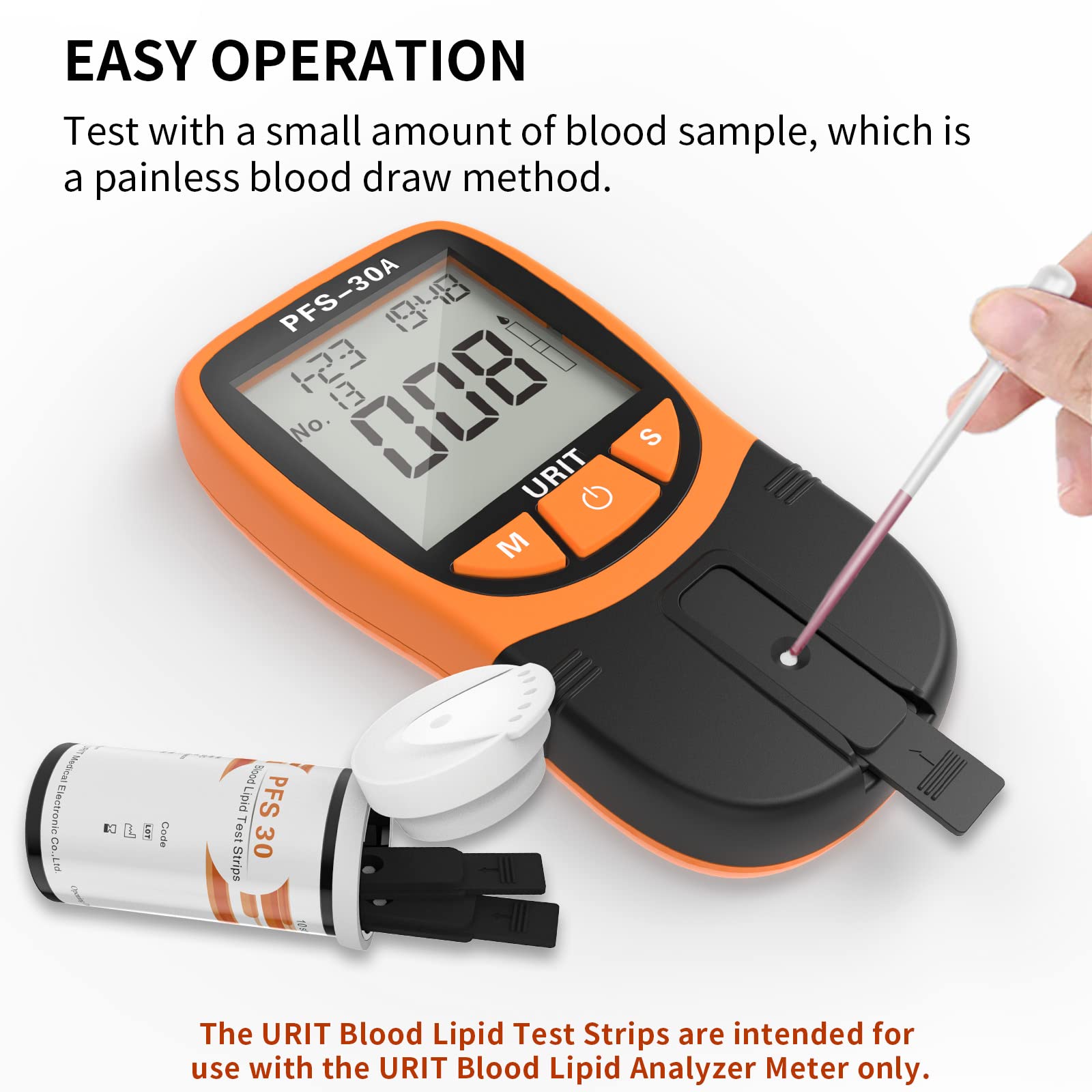 URIT 5 in 1 lipid test strip blood sample setup for quick self-testing.