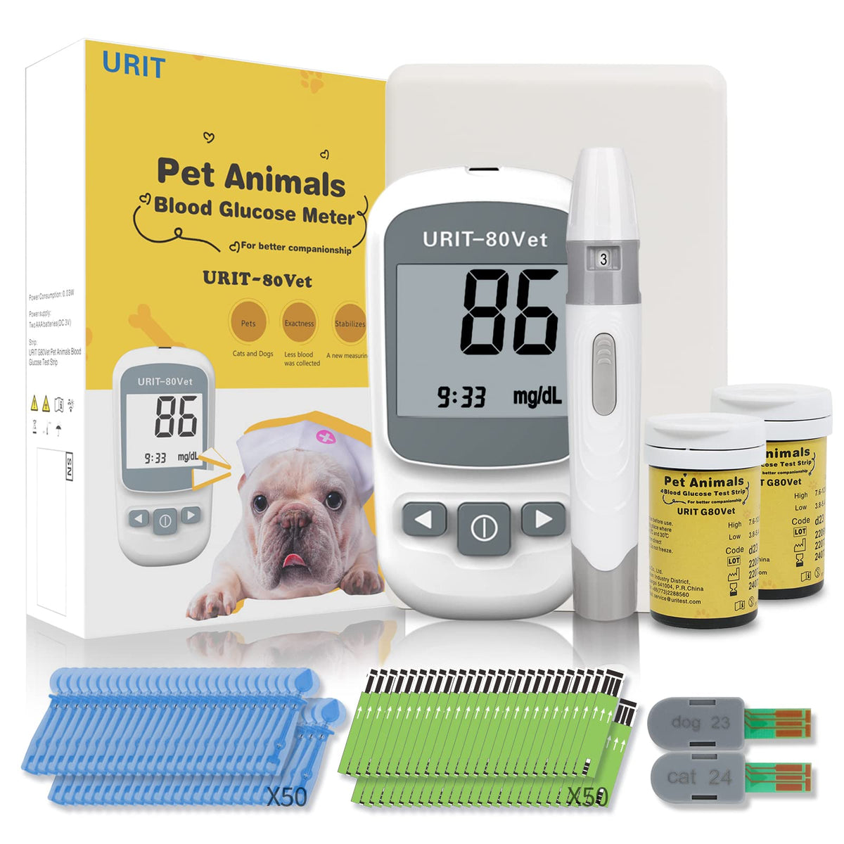 URIT 80Vet glucose meter front view for at home pet monitoring.
