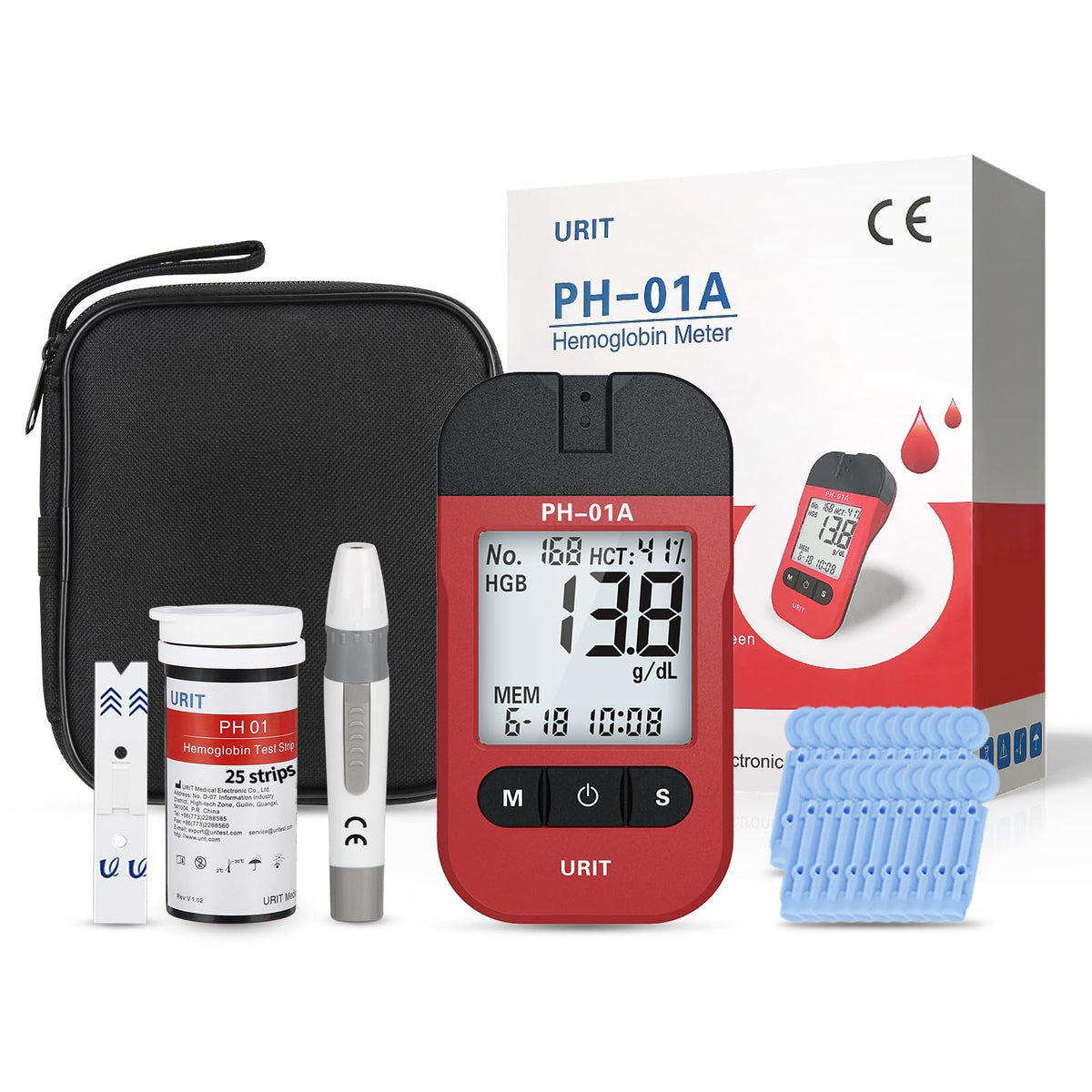 URIT hemoglobin meter display showing 20-second results for quick home testing