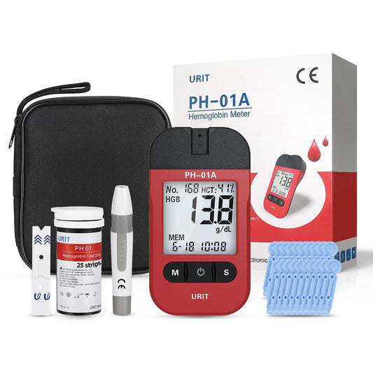 URIT hemoglobin meter display showing 20-second results for quick home testing