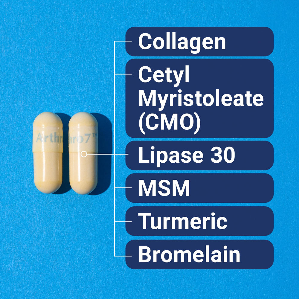 Primer plano de cápsulas Arthro-7 junto a curcuma y MSM.