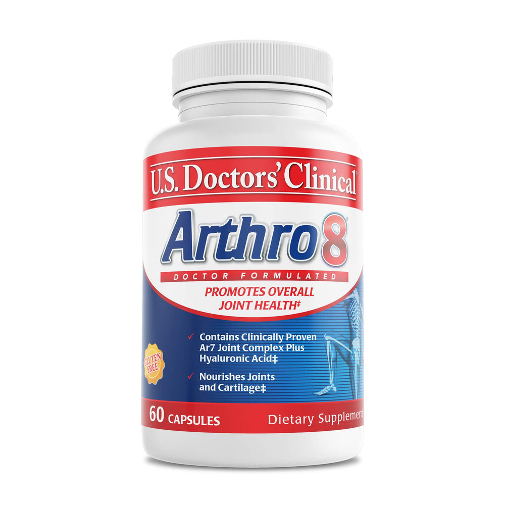 U.S. Doctors’ Clinical Arthro8 bottle with capsules supports joint comfort and daily mobility.