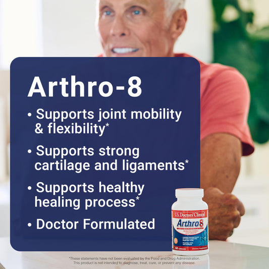 Arthro8 bottle closeup highlights glossy capsules for easy daily dosing.