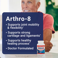 Arthro8 bottle closeup highlights glossy capsules for easy daily dosing.