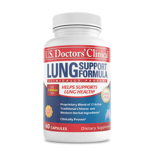 U.S. Doctors' Clinical Lung Support bottle front showing product name for daily respiratory support